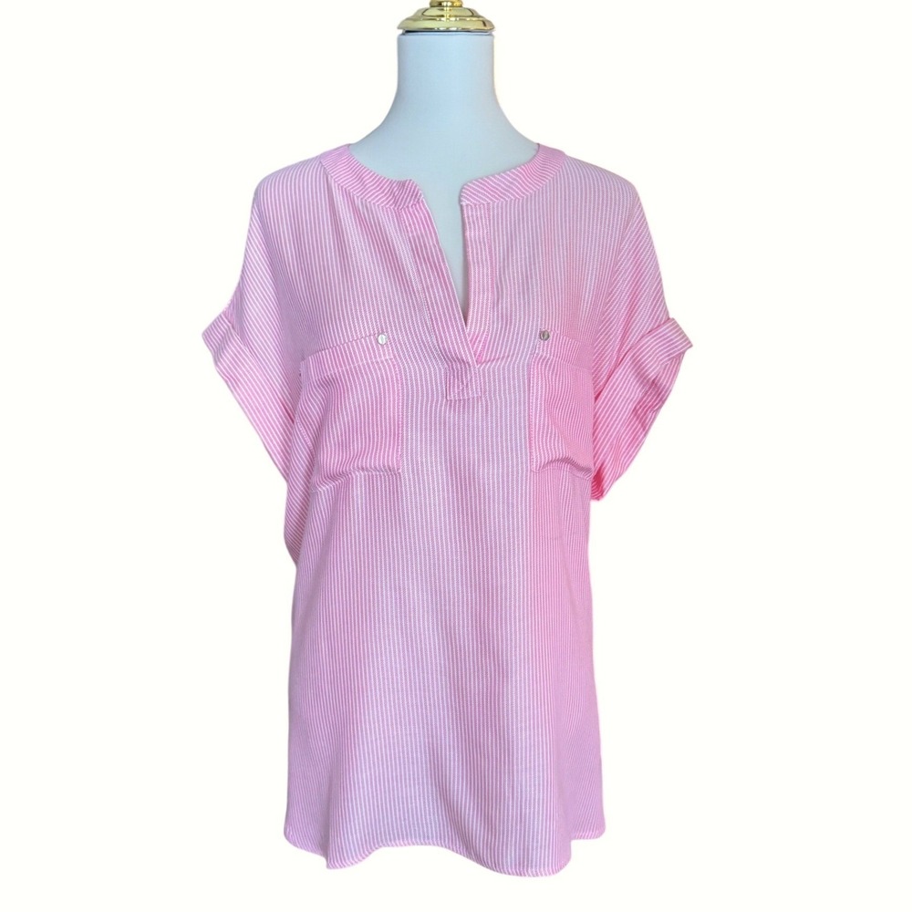 Jones‎ New York Signature Pink White Striped Split Neck Blouse Top Womens Large